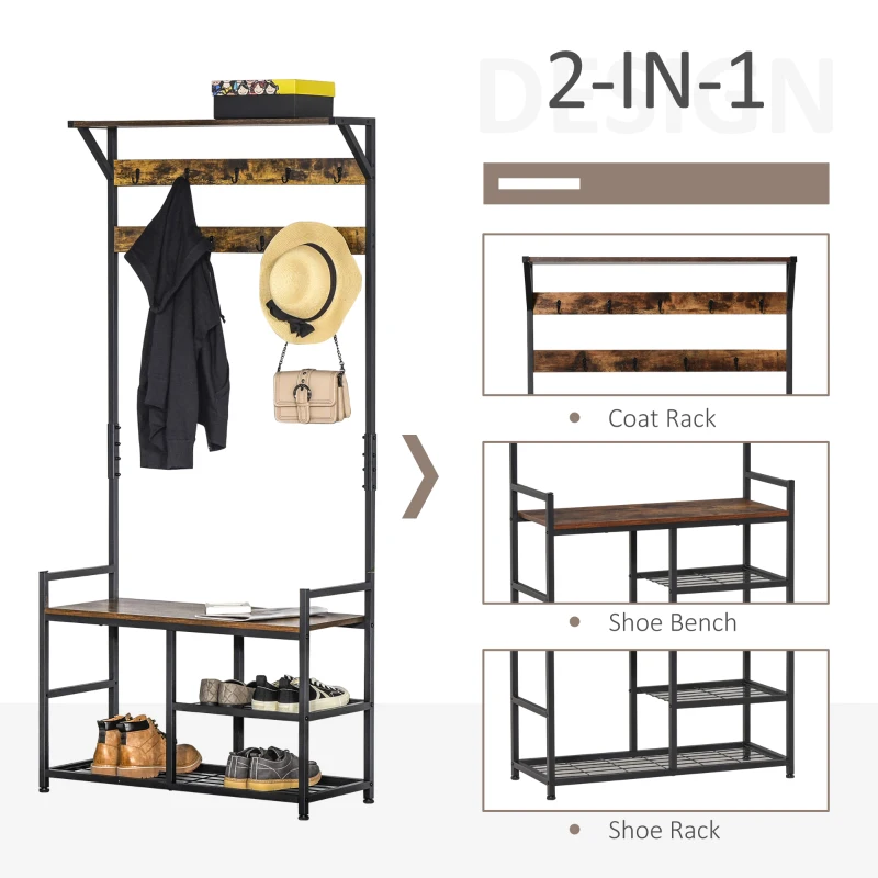 HOMCOM 3-in-1Hall Tree Entryway Coat Rack Shoe Bench with 9 Hanging Hooks, 3-Tier Storage Shelves, Multifunctional Hallway Organizer Brown/Black