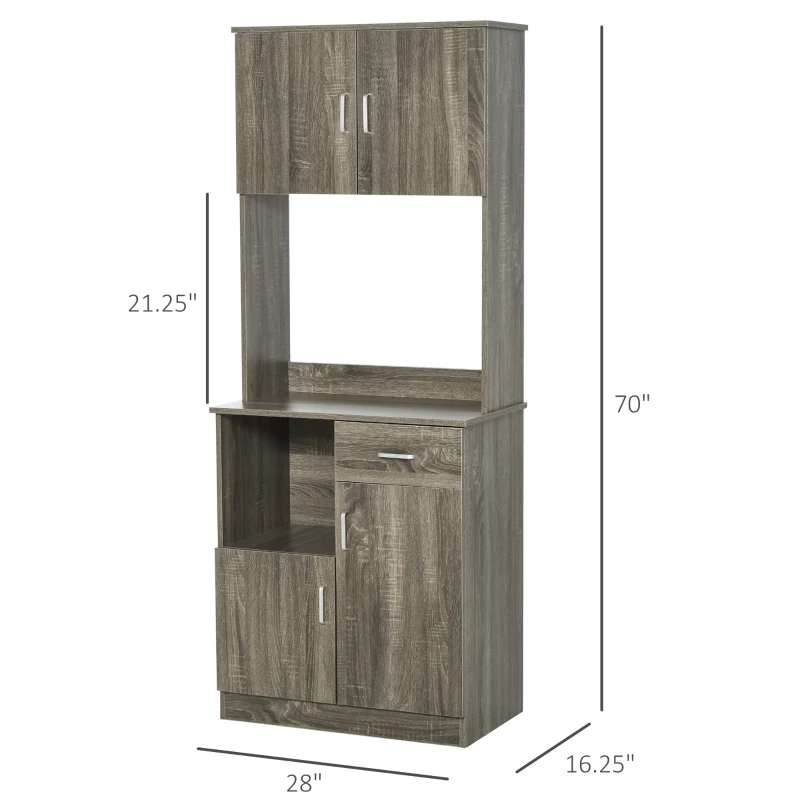 HOMCOM Kitchen Pantry Storage Cabinet with Microwave Stand, Buffet with Hutch, Door Cupboards, Drawer and Adjustable Shelves, Gray