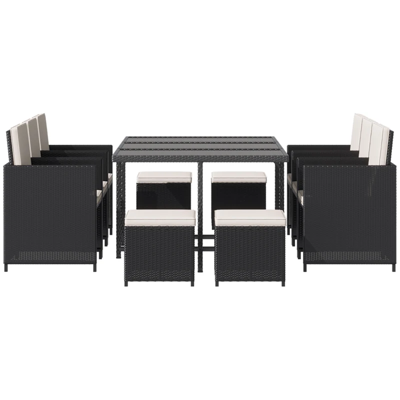 Outsunny 11 Pieces Outdoor Dining Set for 10, Space Saving Wicker Chairs and Glass Table with Cushions and Ottomans, Rattan Conversation Patio Furniture Set for Garden Backyard Deck, Cream White