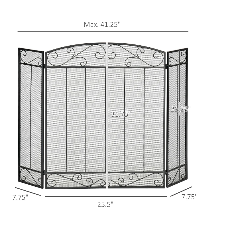 HOMCOM 3-Panel Folding Fireplace Screen, Home Steel Fire Spark Guard for Wood Burning with Decorative Vine Pattern, 41.25" x 31.75", Black