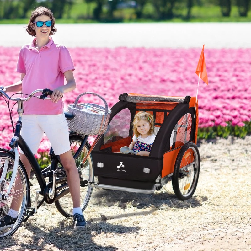 Aosom 2-Seat Child Bike Trailer for Kids with a Strong Steel Frame, 5-Point Safety Harnesses, & Comfortable Seat, Orange