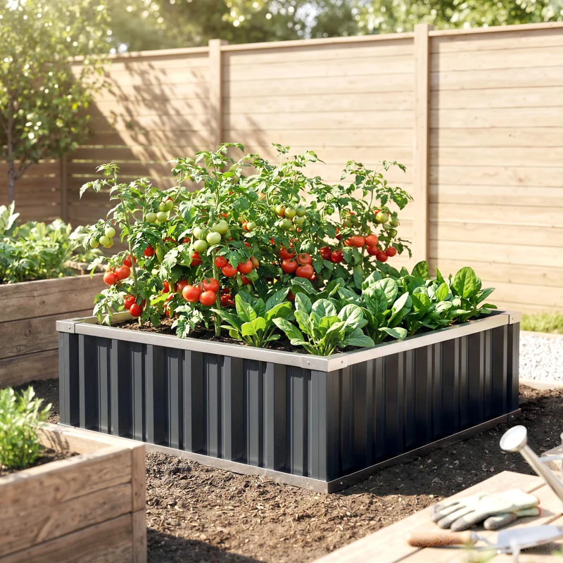 Outsunny 3' x 3' x 1' Raised Garden Bed, Galvanized Metal Planter Box for Vegetables Flowers Herbs, Dark Gray