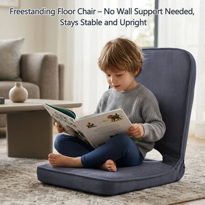 Floor Chair with Adjustable Back Support, Foldable Padded Gaming Floor Seat for Adults & Kids, Multi-Position Meditation Chair with Corduroy Cover for Reading, Gaming & Watching TV (Grey)