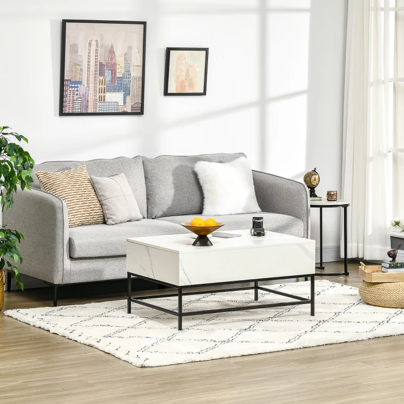 HOMCOM Modern Lift Top Coffee Table with Hidden Storage Compartment and Metal Legs, for Living Room, Home Office, White