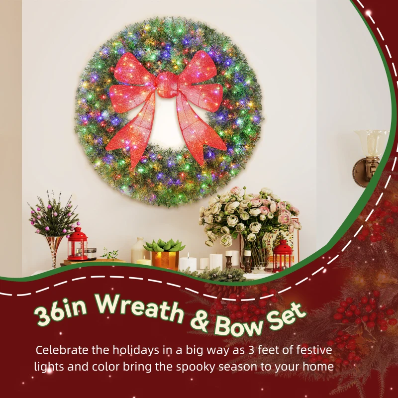 HOMCOM 36in Pre-Lit Christmas Wreath with 3D Red Bow, 11 Lighting Modes, Front Door Christmas Wreath with Remote