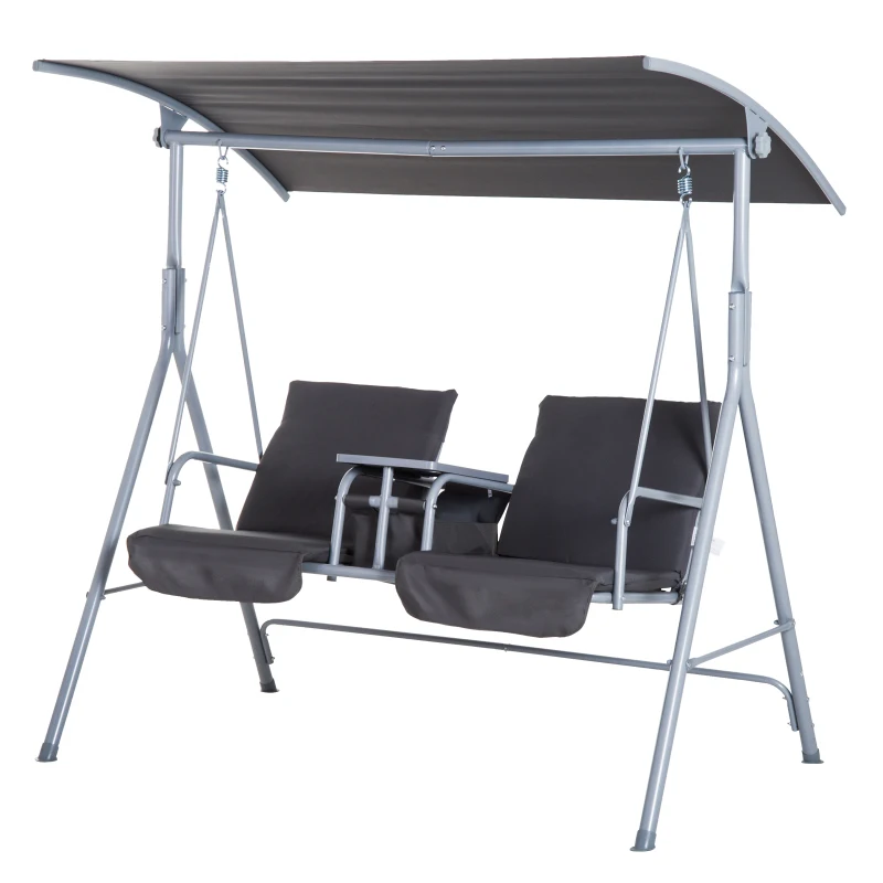 Outsunny 2-Seater Outdoor Porch Swing with Canopy and Table, Patio Swing Chair for Garden, Poolside, Backyard, Gray