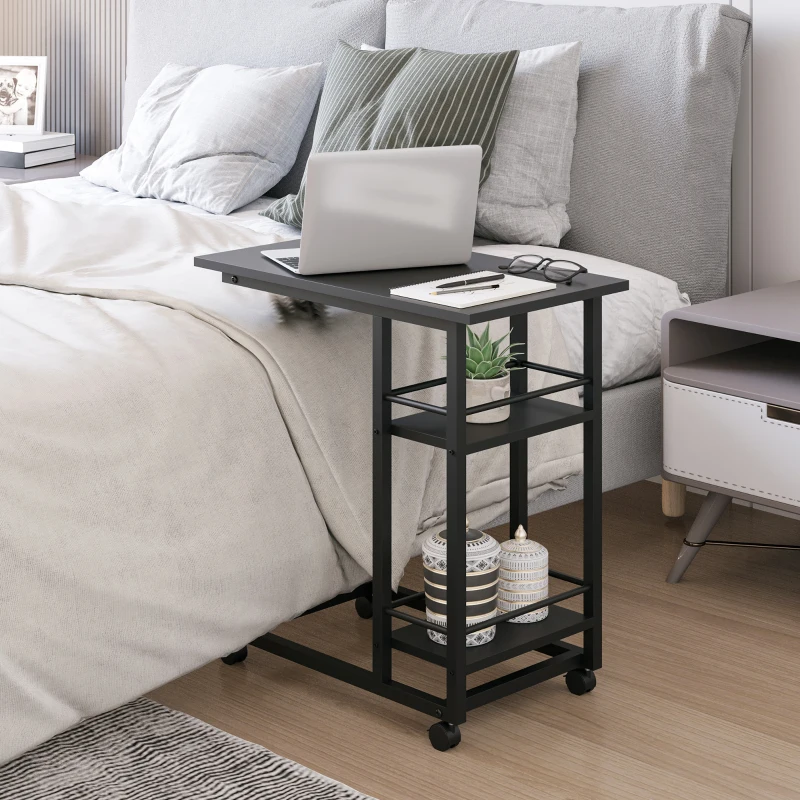 HOMCOM C Shaped End Table with Storage Shelves, Mobile Side Table with Wheels for Sofa Couch, Bed, Metal Frame, Black
