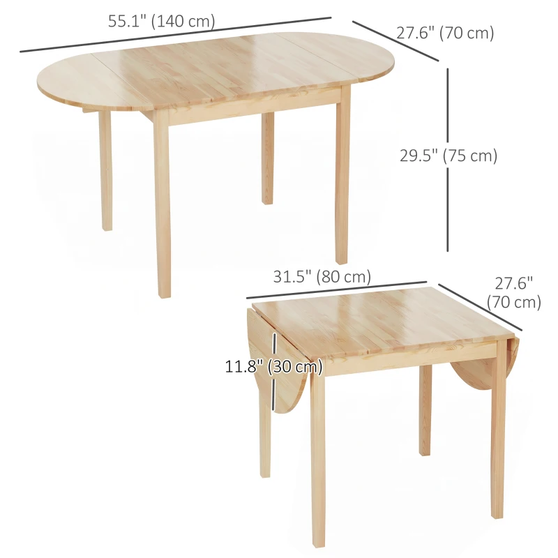 HOMCOM Solid Wood Kitchen Table, Drop Leaf Tables for Small Spaces, Folding Dining Table, Natural