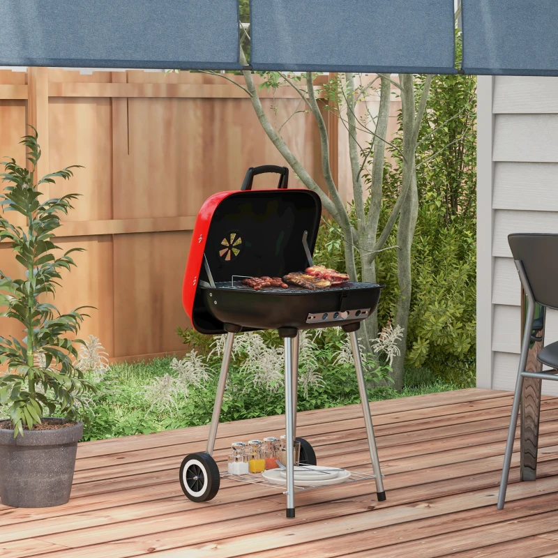 Outsunny 18" Portable BBQ Grill Charcoal Grill with Wheels Bottom Shelf and Adjustable Vents for Picnic, Camping, Backyard, Red