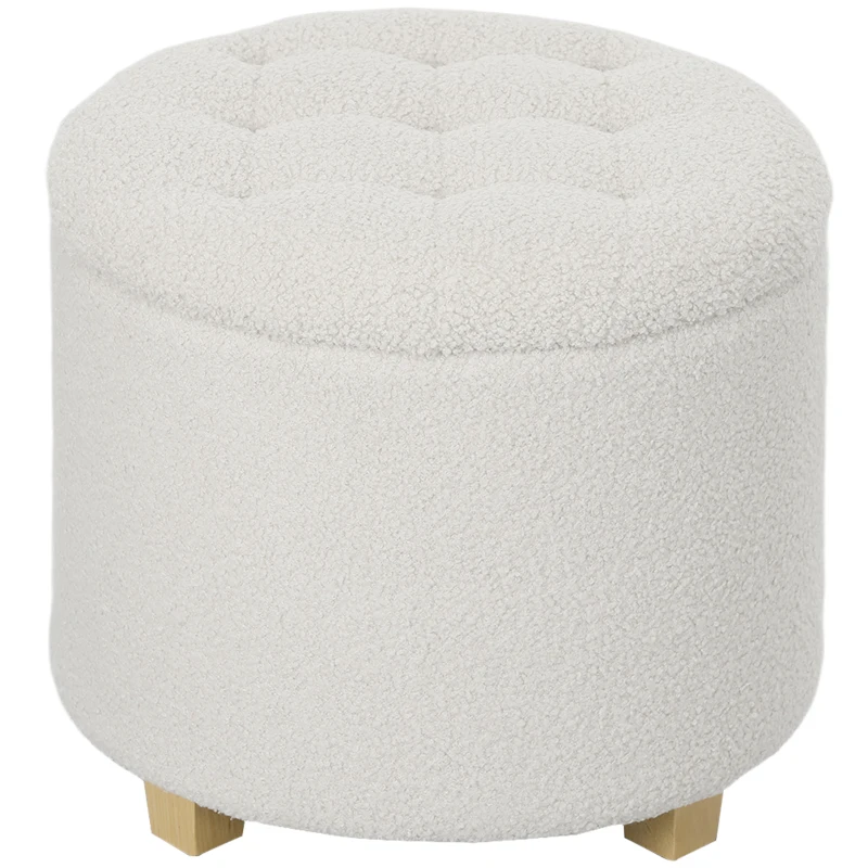 HOMCOM 18" Round Ottoman with Storage, Teddy Fleece Button Tufted Foot Stool with Lid, Wood Legs for Living Room Hallway, White