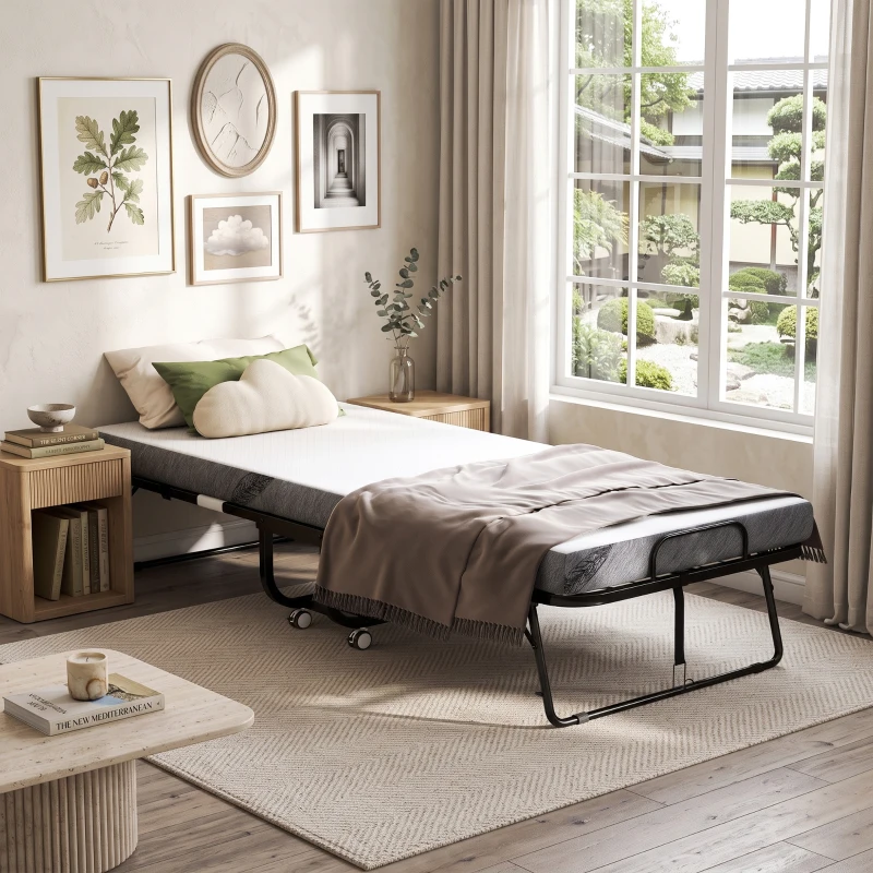 HOMCOM Folding Bed with Mattress for Adults, Long Twin Size, Portable Foldable Bed with 4" Foam Mattress & Space-Saving Steel Frame, 79" x 35", Fold Up, Roll Away & Hideaway, White