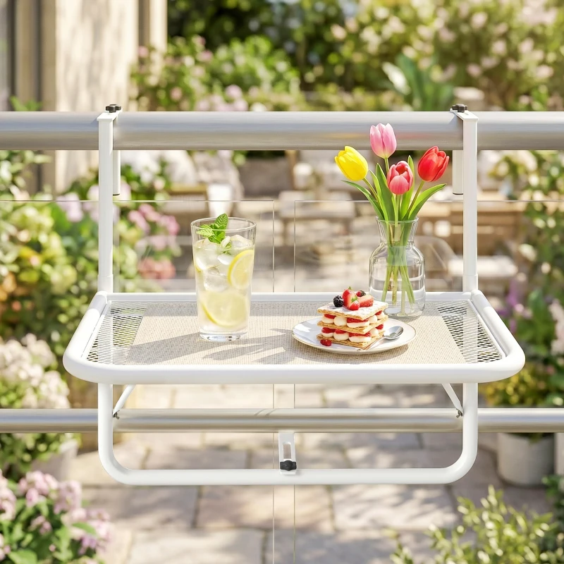 Outsunny Adjustable Balcony Hanging Railing Table, Metal Mounting Mini Wall Desk Storage Rack, Outdoor Flower Stand Serving Table Rectangle, White