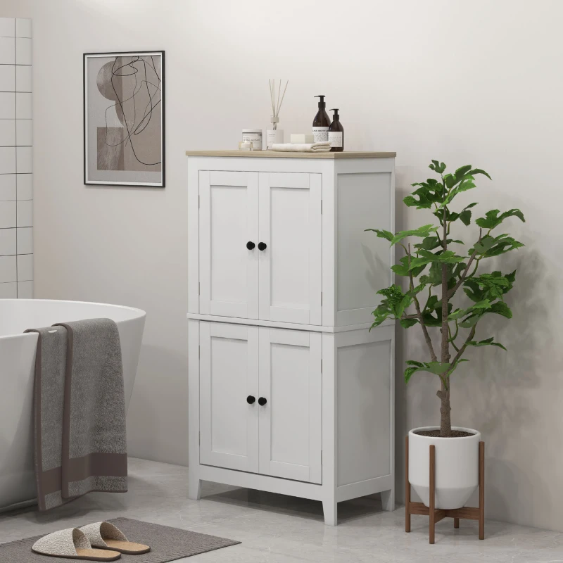 HOMCOM Bathroom Storage Cabinet, Modern Bathroom Floor Cabinet with 4 Doors and 2 Adjustable Shelves, White