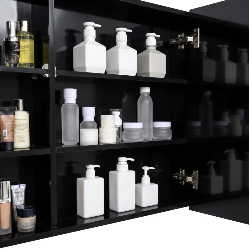kleankin Bathroom Mirror Cabinet with LED and Adjustable Shelves, Wall Mounted Medicine Cabinet, High Gloss Black