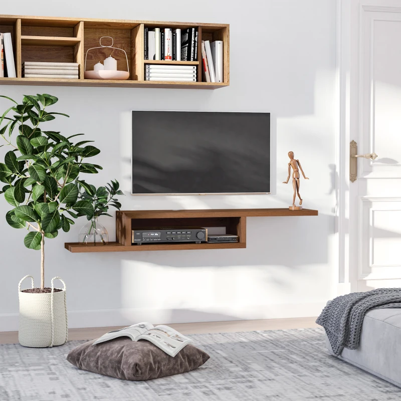 HOMCOM Wall Mounted Media Console, Floating Stand Component Shelf, Entertainment Center Unit, Walnut