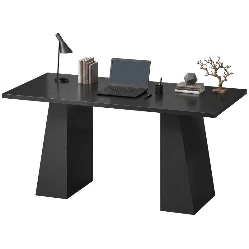 HOMCOM 63 Inch Computer Desk with Trapezoidal Frame Light Black Wood Grain