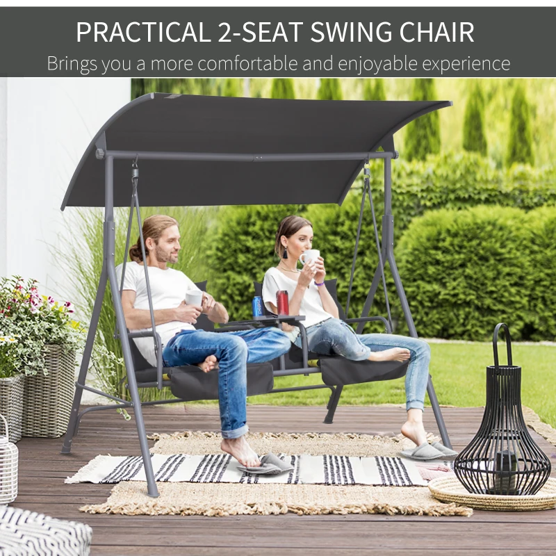Outsunny 2-Seater Outdoor Porch Swing with Canopy and Table, Patio Swing Chair for Garden, Poolside, Backyard, Gray