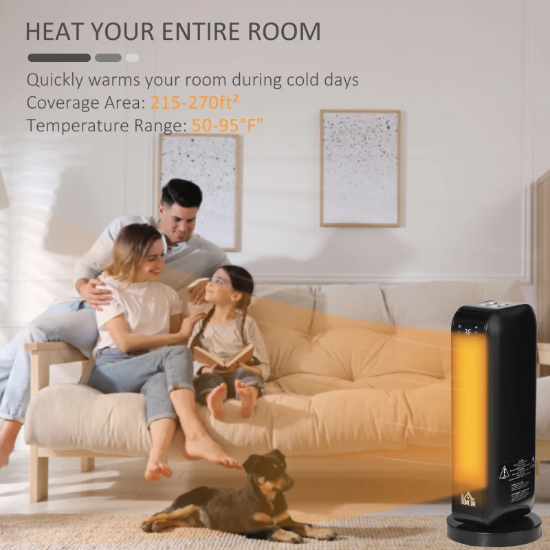 HOMCOM 1500W Ceramic Space Heater, 2-In-1 Oscillating Portable Heater with Three Heating Modes(High, Low, Fan), Timer, Remote Control, for Indoor Use, Black