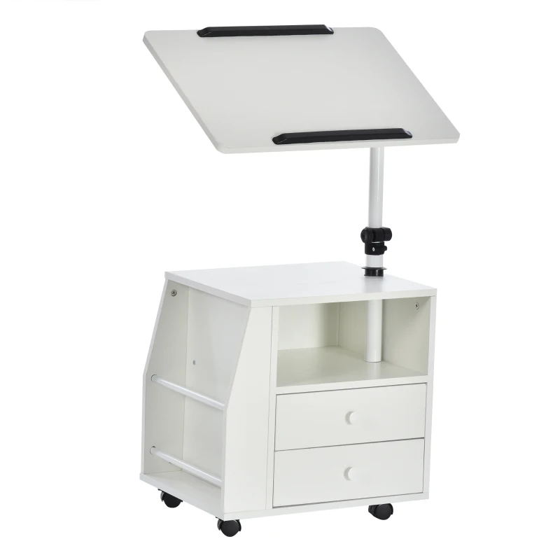 HOMCOM Modern End/Side Table for Living Room with a 360° Adjustable Height Tabletop & Storage Drawers, White