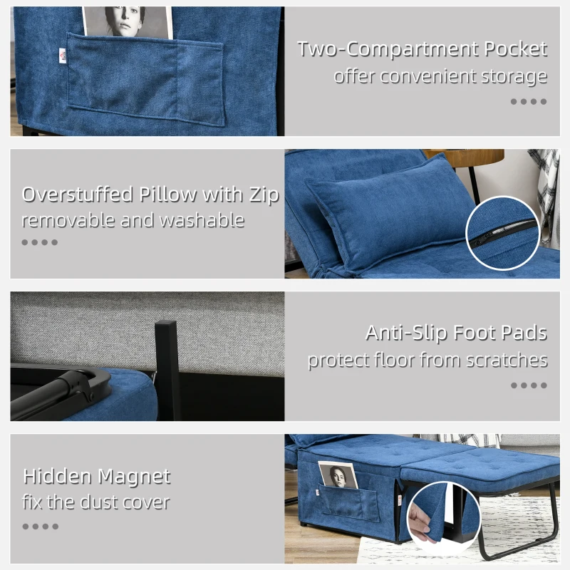 HOMCOM Ottoman Sofa Bed, 4 in 1 Multi-Function Button Tufted Folding Sleeper Chair Bed with Adjustable Backrest, Pillow, Side Pocket for Home Office, Bedroom, Living Room, Blue