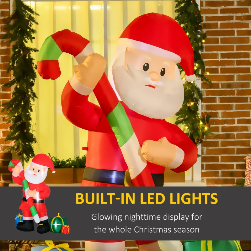 HOMCOM 6ft Christmas Inflatables Outdoor Decorationss Decorations Santa Claus with Candy Cane, Blow-Up LED Yard Christmas Decor