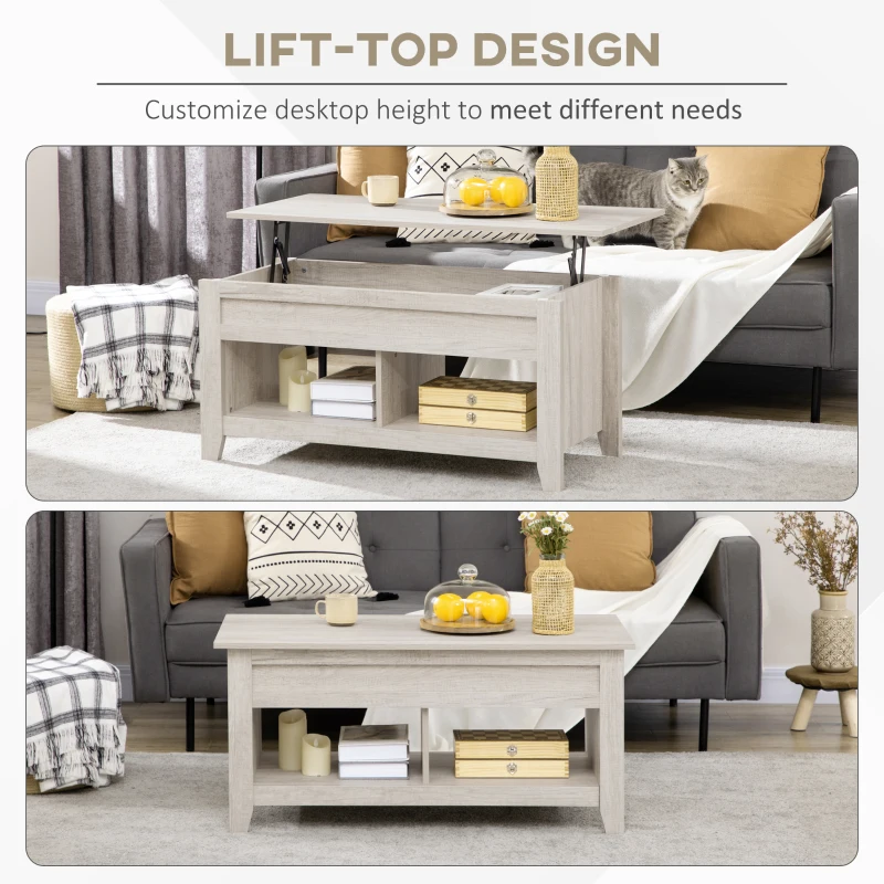 HOMCOM Lift Top Coffee Table with Hidden Storage Compartment and Open Shelves, Lift Tabletop Pop-Up Center Table for Living Room, Oak Effect