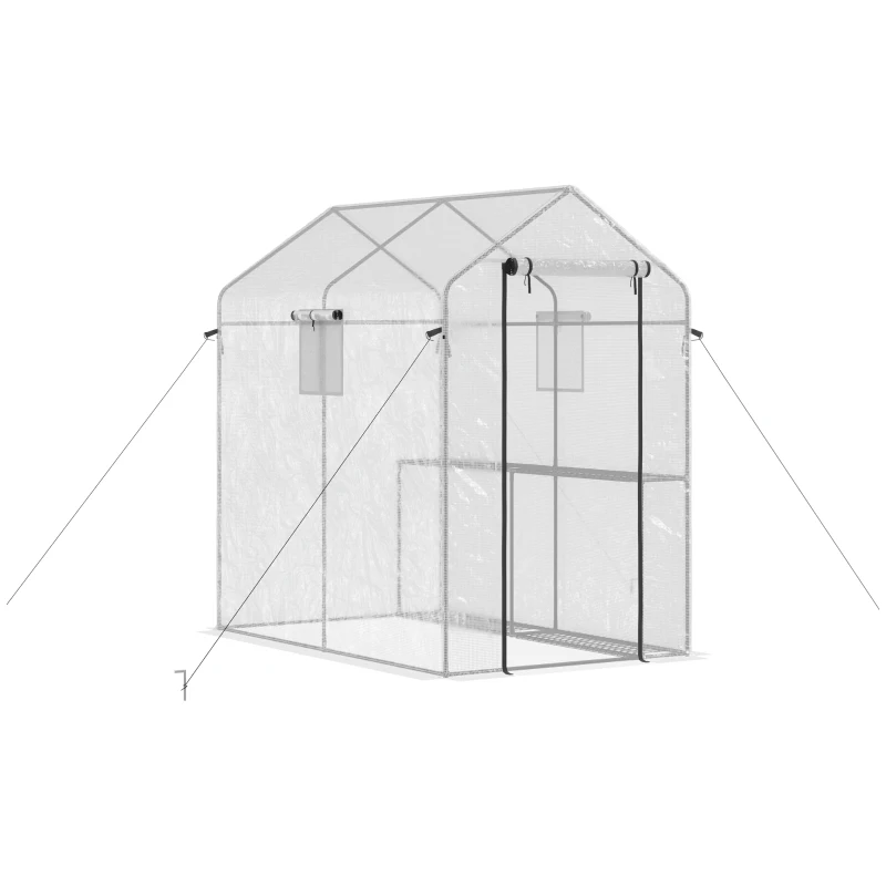 Outsunny 47.25" x 73.25" x 74.25" Walk-in Greenhouse, Outdoor Portable Plant Growing Area with Mesh Protected Roll-up Door & Window, 4 Shelves for Flowers, Herbs & Vegetables, White