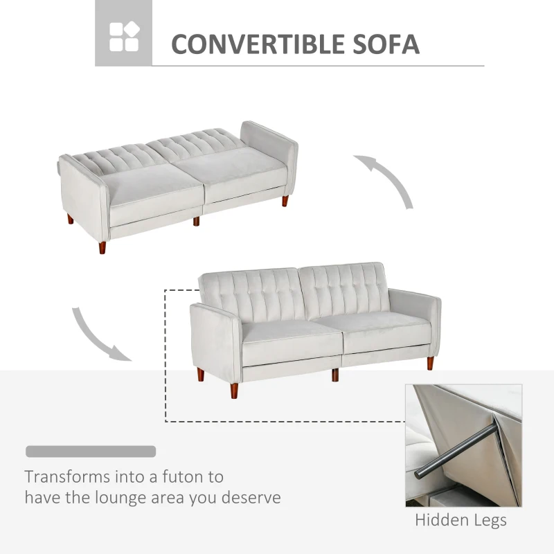 HOMCOM Convertible Sofa Sleeper Futon with Split Back Design Recline, Thick Padded Velvet-Touch Cushion Seating and Wood Legs, Light Grey