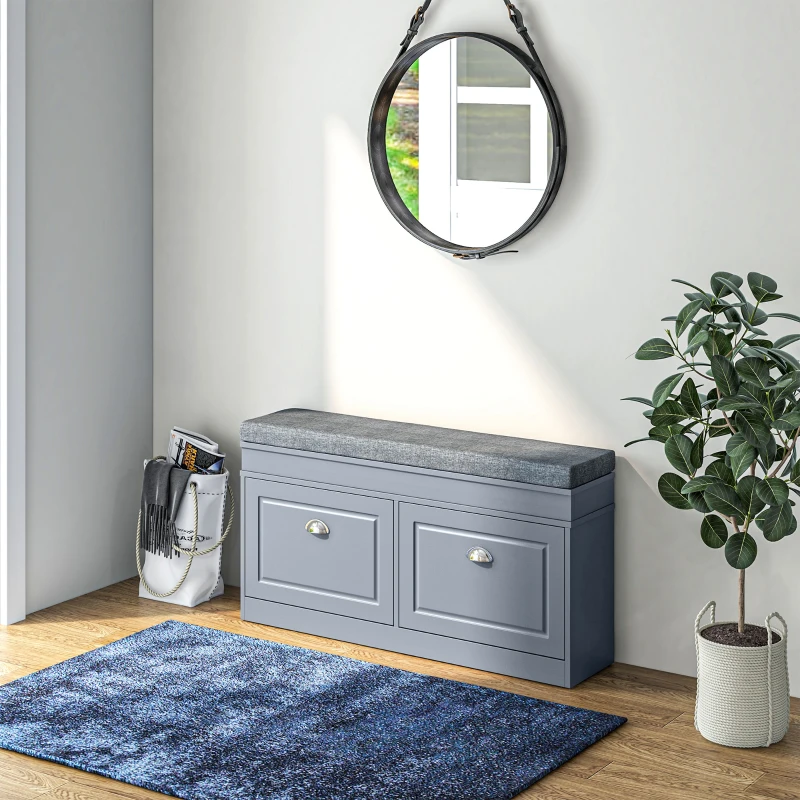 HOMCOM Modern Shoe Storage Bench, Entry Way Bench with Cushion, 2 Drawers, Storage Ottoman Bench, Holds 8 Pairs, Gray