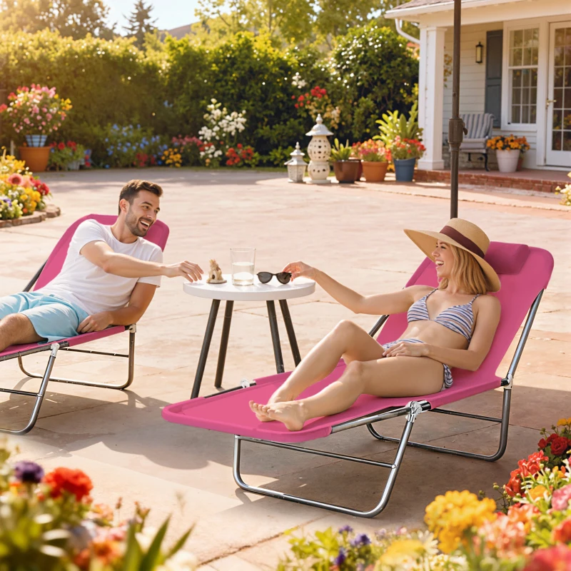 Outsunny Outdoor Lounge Chair, Portable Reclining Seat, Folding Chaise Lounge, Tanning Chair Bed with Pillow, Pink