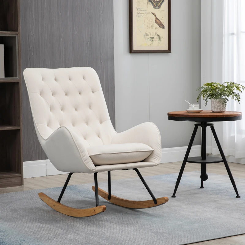 HOMCOM Mid-Century Fabric Rocking Chair Sofa Armchair Tufted Rocker Wingback Accent Chair with Padded Seat, Rubber Wood Base for Home Studio, Bedroom, Living Room, Cream White