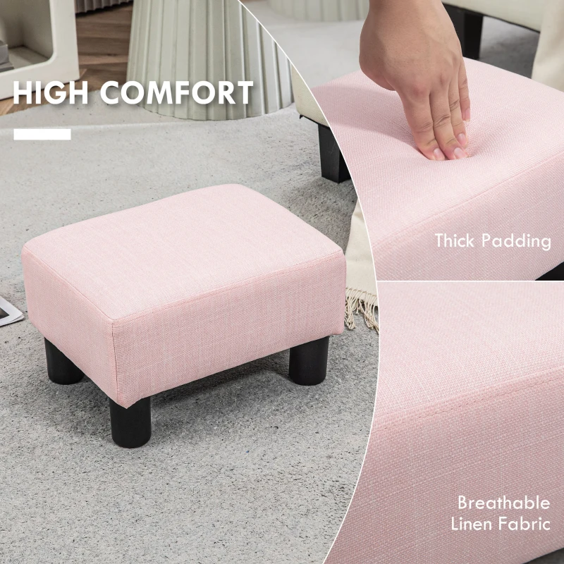 HOMCOM Small Ottoman Foot Rest, Foot Stool with Linen Fabric Upholstery and Plastic Legs, Cube Ottoman, Pink