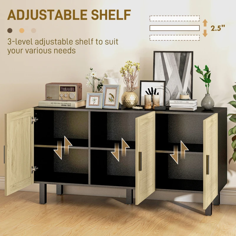 HOMCOM Boho Kitchen Cabinet, Buffet Cabinet with 3 Rattan Doors and Adjustable Shelves for Dining Room, Black and Natural