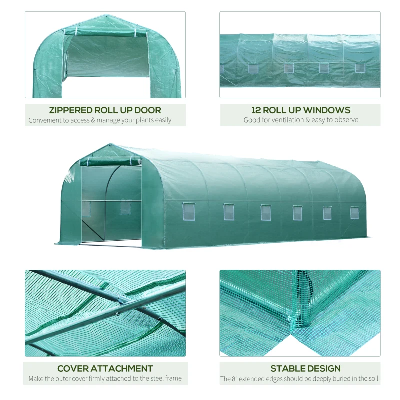 Outsunny 26' x 10' x 7' Walk-In Greenhouse Tunnel, Large Gardening Plant Hot House with 12 Windows and Zipper Doors for Backyard, Green