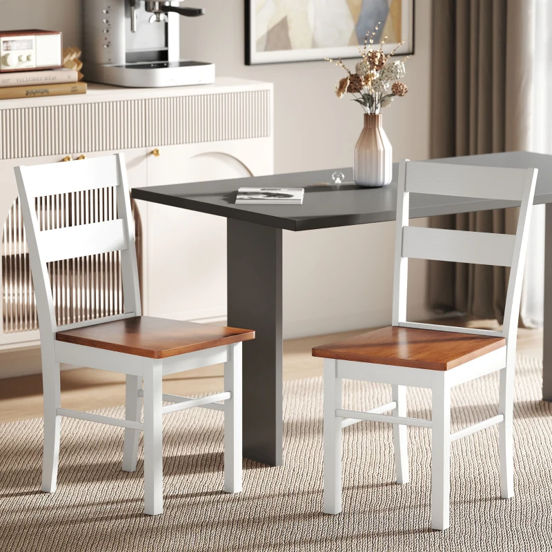 HOMCOM Farmhouse Dining Table Chairs, Set of 2 Rubber Wood Kitchen Table Chairs with Open Back for Living Room, Light Gray