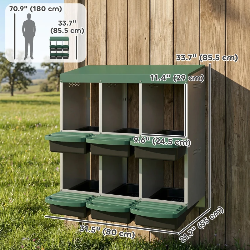 PawHut Chicken Nesting Boxes, 6 Compartment Metal Nesting Boxes for Chicken Coop, Egg Laying Boxes with Lid Cover