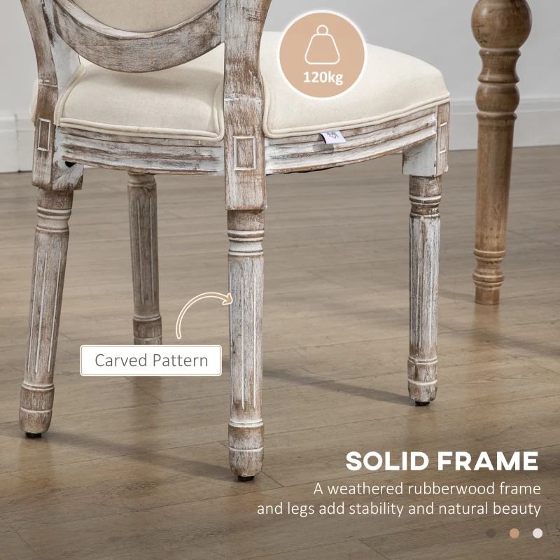HOMCOM Dining Chairs Set of 2, French Style Linen Fabric Upholstered Kitchen Chairs with Backs and Wood Legs for Dining Room, Living Room, Bedroom, Cream White