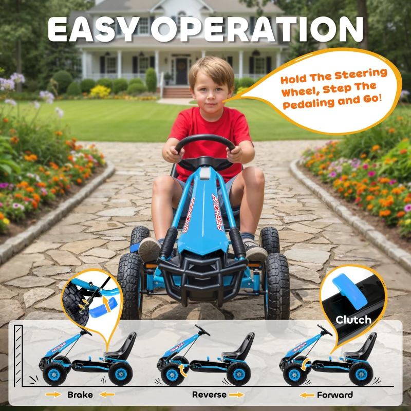 Qaba Kids Go Kart, Pedal Car with Adjustable Seat, EVA Wheels, Brake, for Boys & Girls Aged 3-8 Years Old, Blue