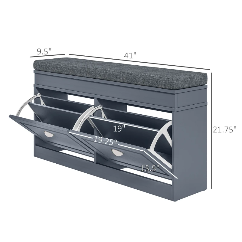 HOMCOM Modern Shoe Storage Bench, Entry Way Bench with Cushion, 2 Drawers, Storage Ottoman Bench, Holds 8 Pairs, Gray