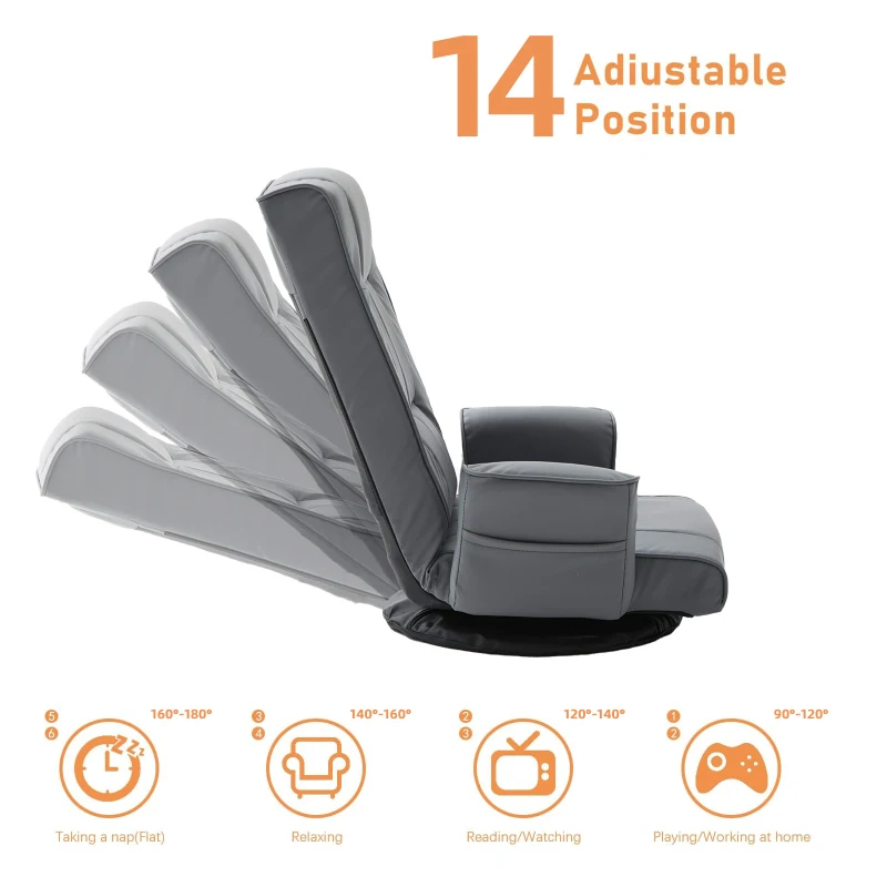 360 Degree Swivel Floor Chairs for Adults, Faux Leather Gaming Floor Chair with Back Support, 14 Angles Adjustable Comfortable Floor Lounge Chair Folding Video Game Chairs Office Bedroom