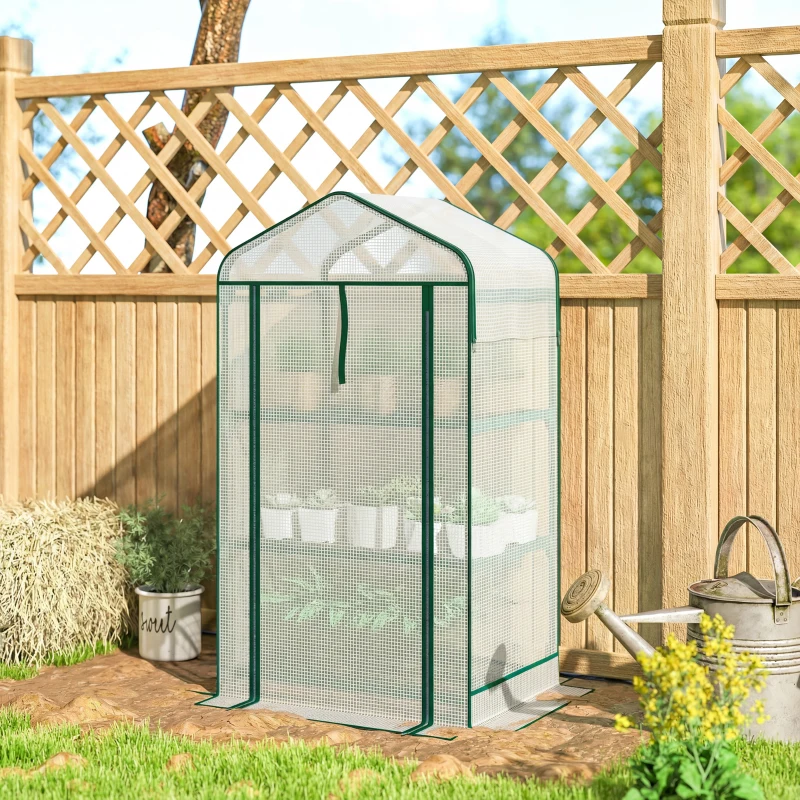 Outsunny Mini Greenhouse with Screen Roof, Portable Small Greenhouse with Roll-Up Zipper Door, 27.6" x 19.7" x 50", White