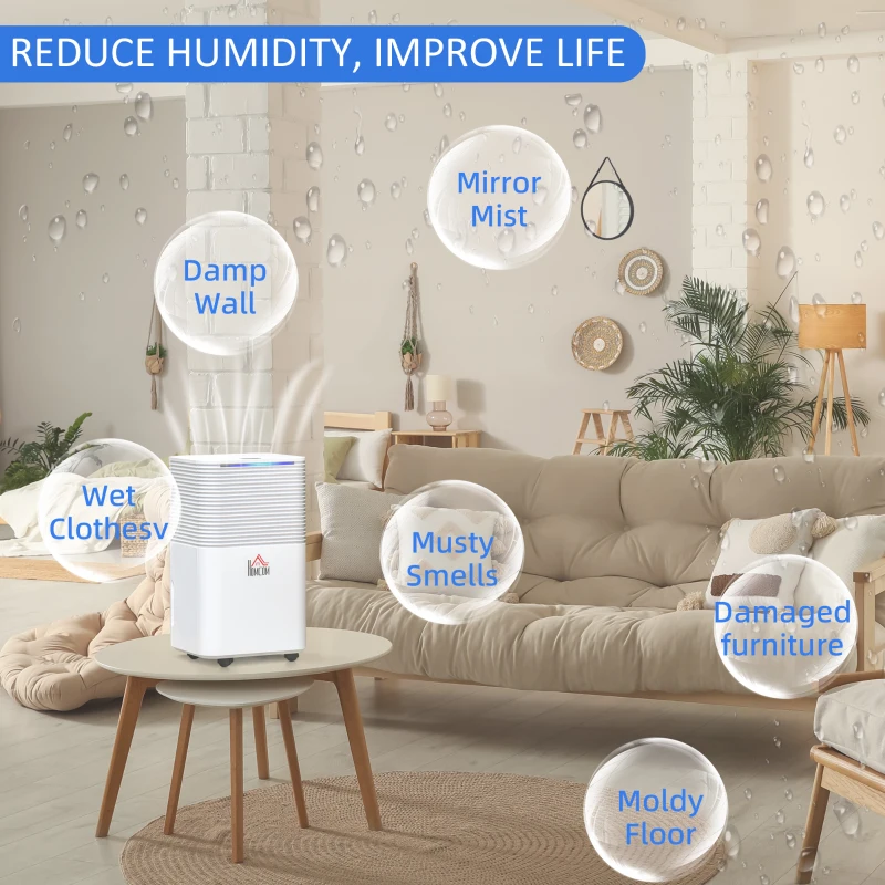 HOMCOM 1500 Sq. Ft Portable Electric Dehumidifiers with 3 Color Lights, LED Display, Quiet Dehumidifier for Basements, Bedroom, Bathroom, Closet, RV, 25pt/Day, White
