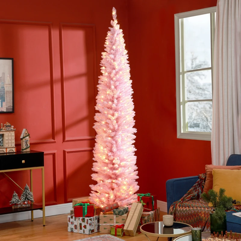 HOMCOM 8ft Pencil Christmas Tree, Slim Artificial Christmas Tree with Realistic Branches and Warm White LED Lights, Pink