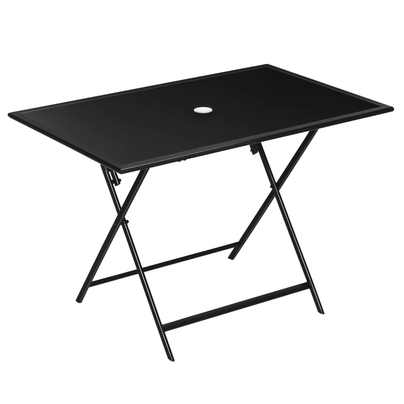 Outsunny Foldable Outdoor Dining Table with Umbrella Hole, Patio Table for 6 with Glass Top Table, Metal Frame for Garden Lawn Backyard, Black