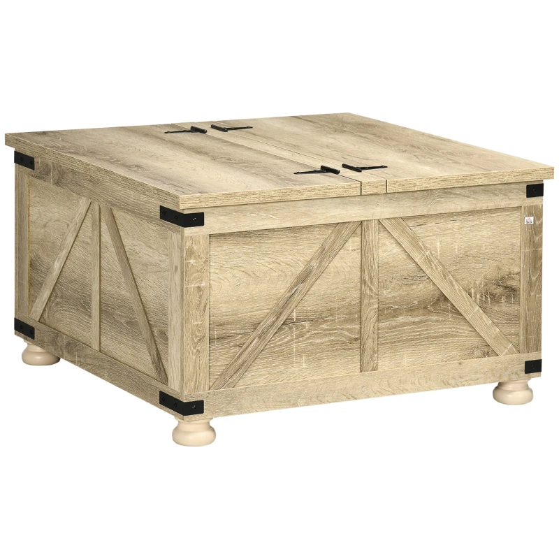 HOMCOM Farmhouse Coffee Table with Storage, Large Square Coffee Table for Living Room Furniture, Wooden Center Table