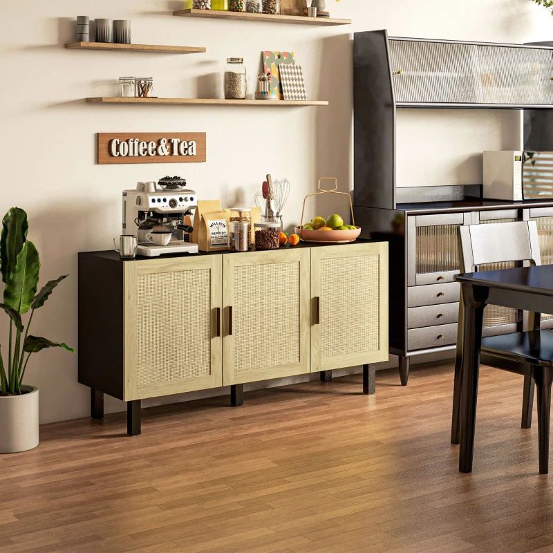 HOMCOM Boho Kitchen Cabinet, Buffet Cabinet with 3 Rattan Doors and Adjustable Shelves for Dining Room, Black and Natural