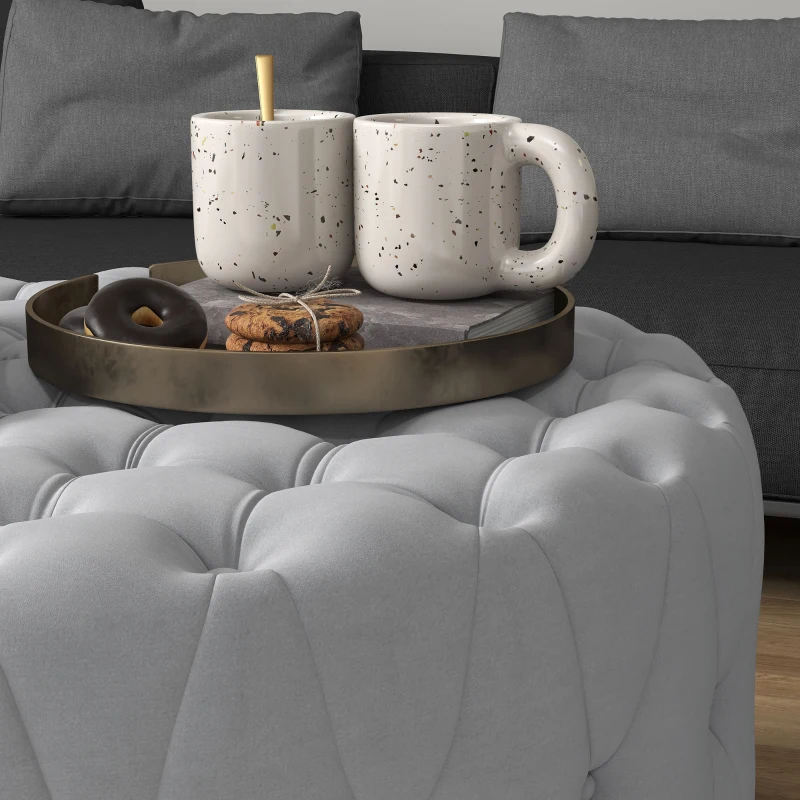 HOMCOM Round Ottoman Coffee Table with Velvet-feel Upholstery, Button Tufted Design and Padded Seat, Gray