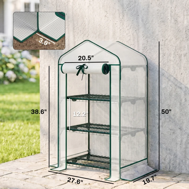 Outsunny Mini Greenhouse with Screen Roof, Portable Small Greenhouse with Roll-Up Zipper Door, 27.6" x 19.7" x 50", White