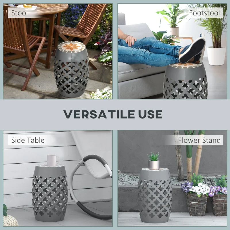 Outsunny Decorative Outdoor Stool, 12" Round Patio Side Table, Mosaic Accent Plant Stand for Garden, Balcony, Gray
