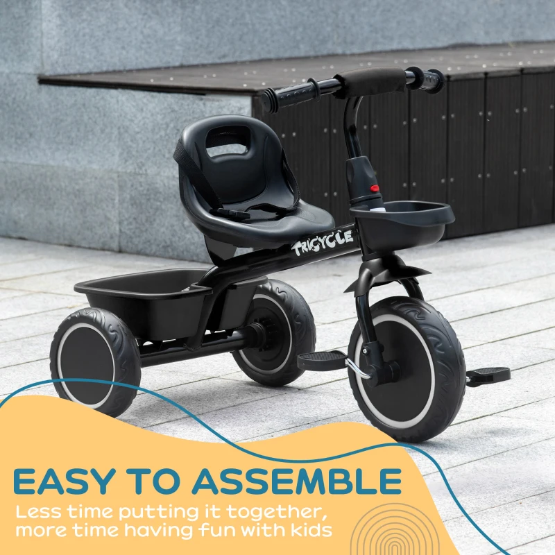Qaba Tricycle for Toddlers Age 2-5 with Adjustable Seat, Storage Baskets, Black
